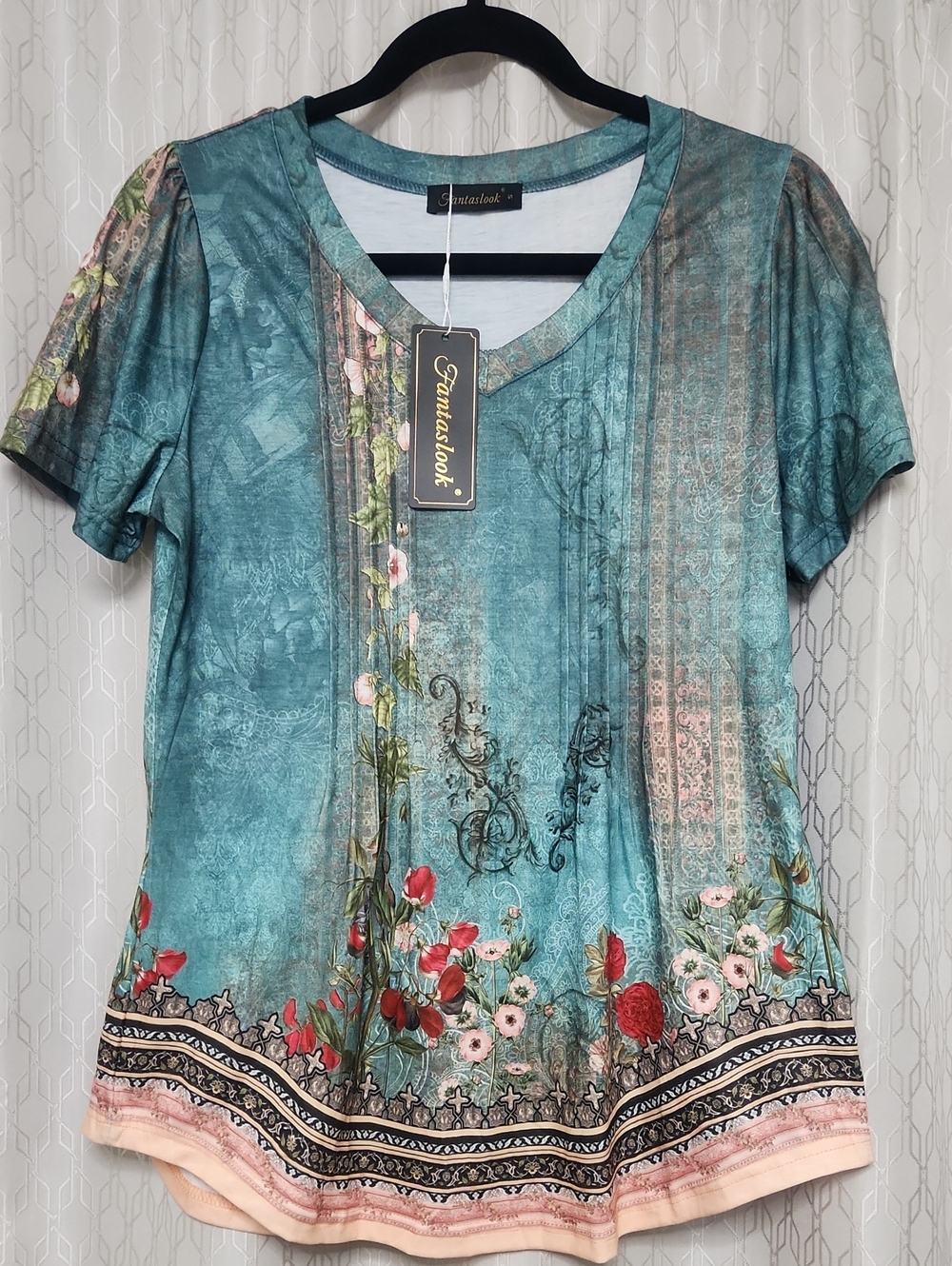 Teal Floral Short-Sleeve Women's Top